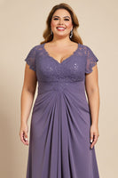Load image into Gallery viewer, Grey Purple Ruched Plus Size Mother of the Bride Dress with Appliques