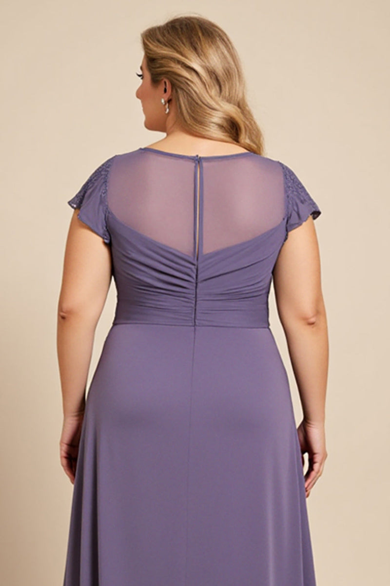 Load image into Gallery viewer, Grey Purple Ruched Plus Size Mother of the Bride Dress with Appliques