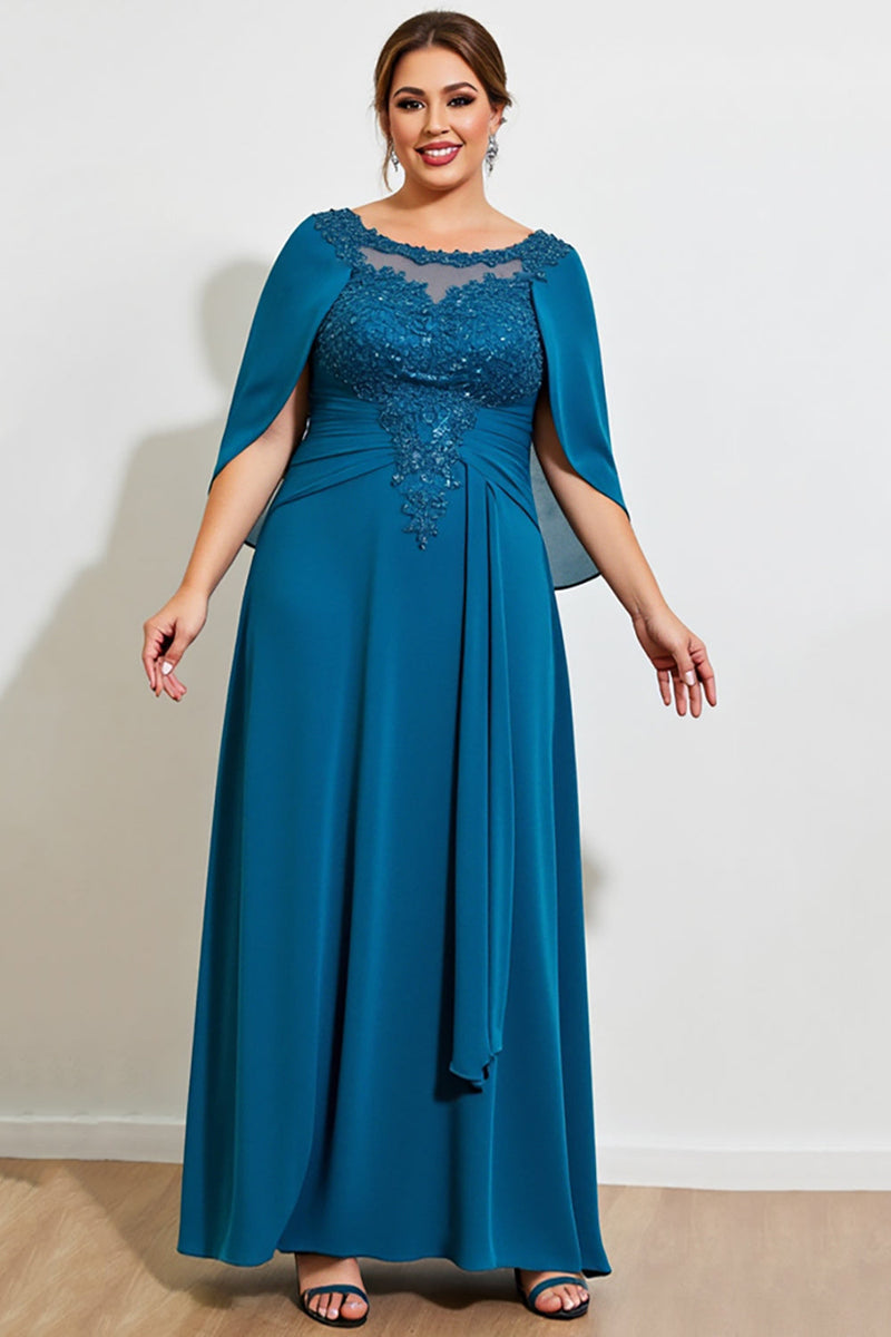 Load image into Gallery viewer, Peacock Chiffon Appliqued Plus Size Mother of the Bride Dress with Cape