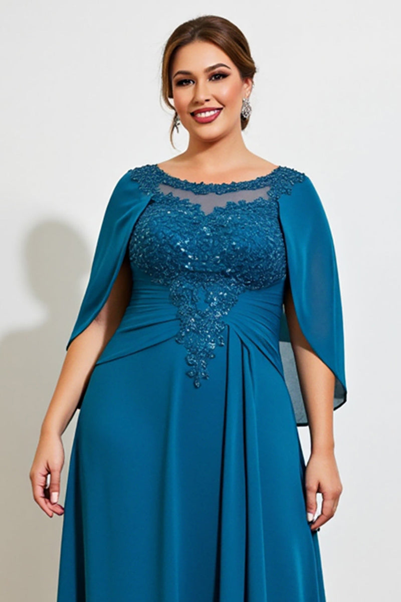 Load image into Gallery viewer, Peacock Chiffon Appliqued Plus Size Mother of the Bride Dress with Cape
