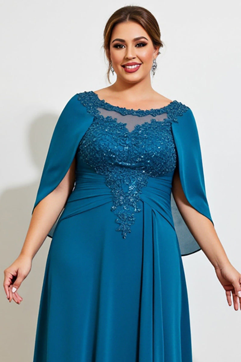Load image into Gallery viewer, Peacock Chiffon Appliqued Plus Size Mother of the Bride Dress with Cape