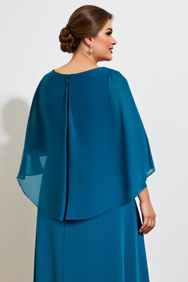 Load image into Gallery viewer, Peacock Chiffon Appliqued Plus Size Mother of the Bride Dress with Cape