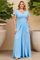 Load image into Gallery viewer, Sky Blue V Neck Plus Size Ruched Mother of the Bride Dress