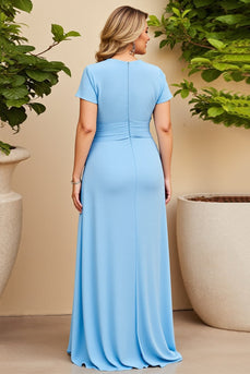 Sky Blue V Neck Plus Size Ruched Mother of the Bride Dress