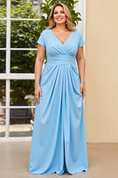 Load image into Gallery viewer, Sky Blue V Neck Plus Size Ruched Mother of the Bride Dress