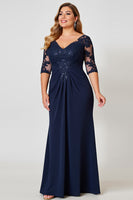 Load image into Gallery viewer, Navy Plus Size V Neck Chiffon Mother of the Bride Dress with Appliques
