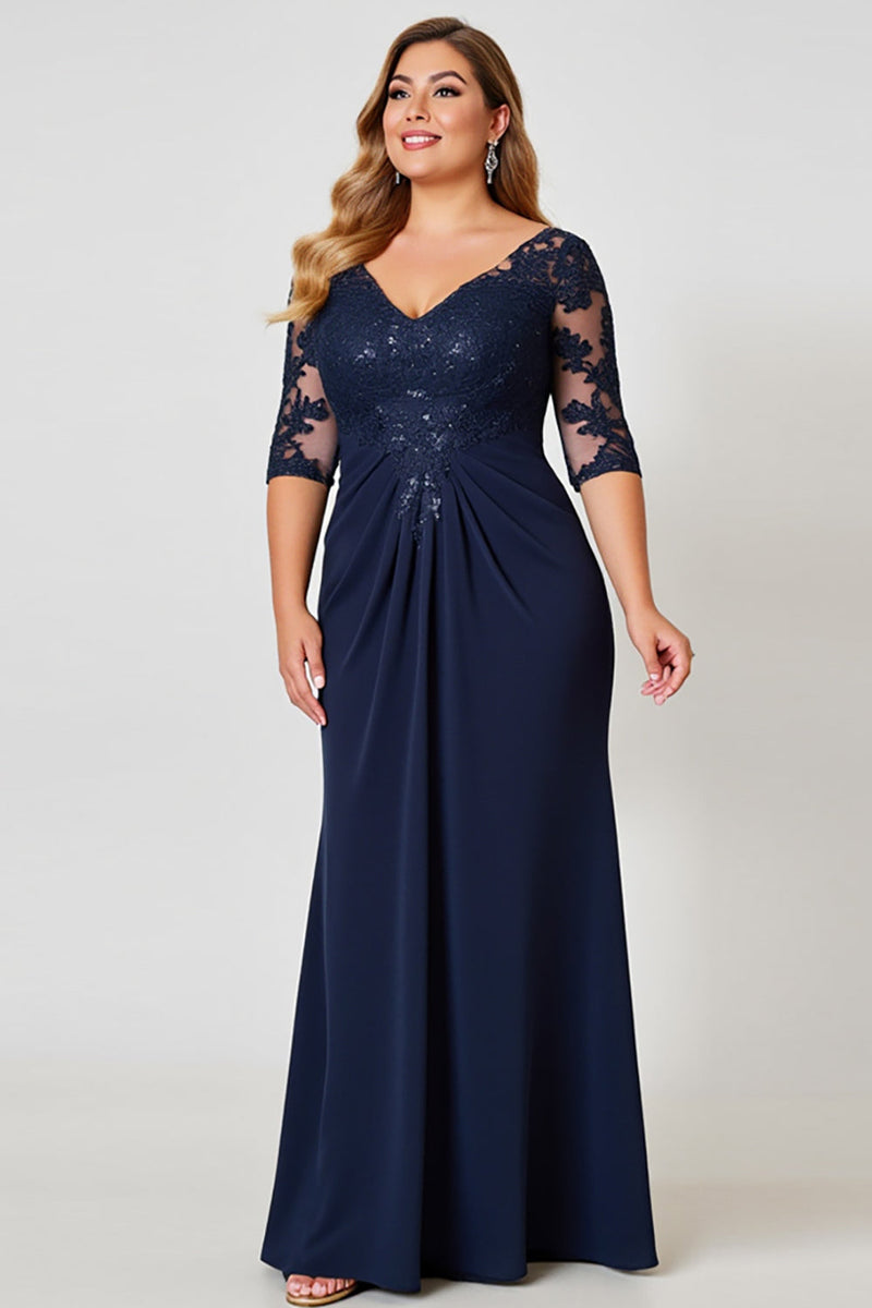 Load image into Gallery viewer, Navy Plus Size V Neck Chiffon Mother of the Bride Dress with Appliques