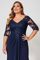 Load image into Gallery viewer, Navy Plus Size V Neck Chiffon Mother of the Bride Dress with Appliques