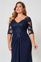 Load image into Gallery viewer, Navy Plus Size V Neck Chiffon Mother of the Bride Dress with Appliques