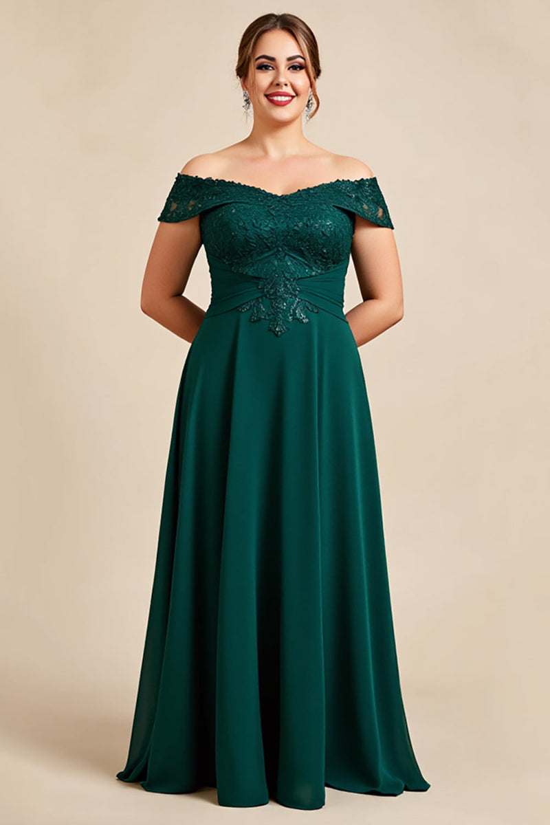 Load image into Gallery viewer, Pine Appliqued A Line Off the Shoulder Plus Size Mother of the Bride Dress