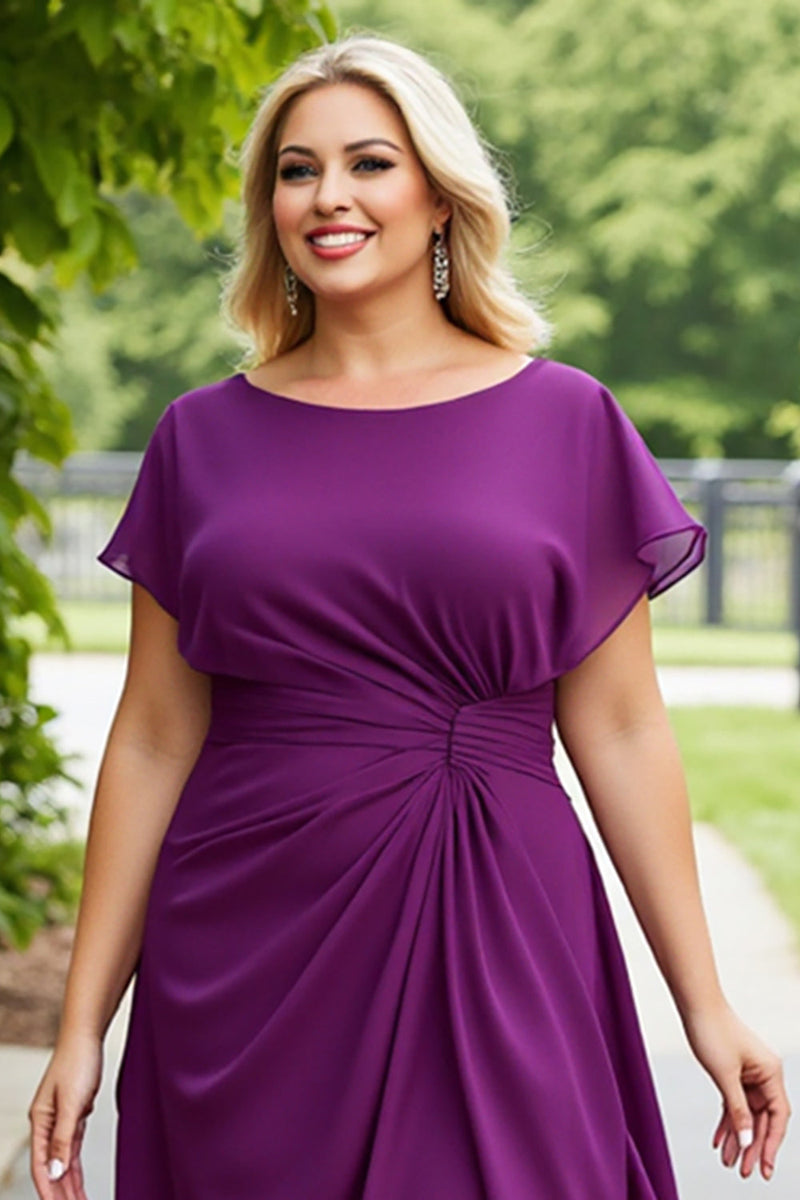 Load image into Gallery viewer, Purple Chiffon Plus Size A Line Ruched Mother of the Bride Dress with Ruffles