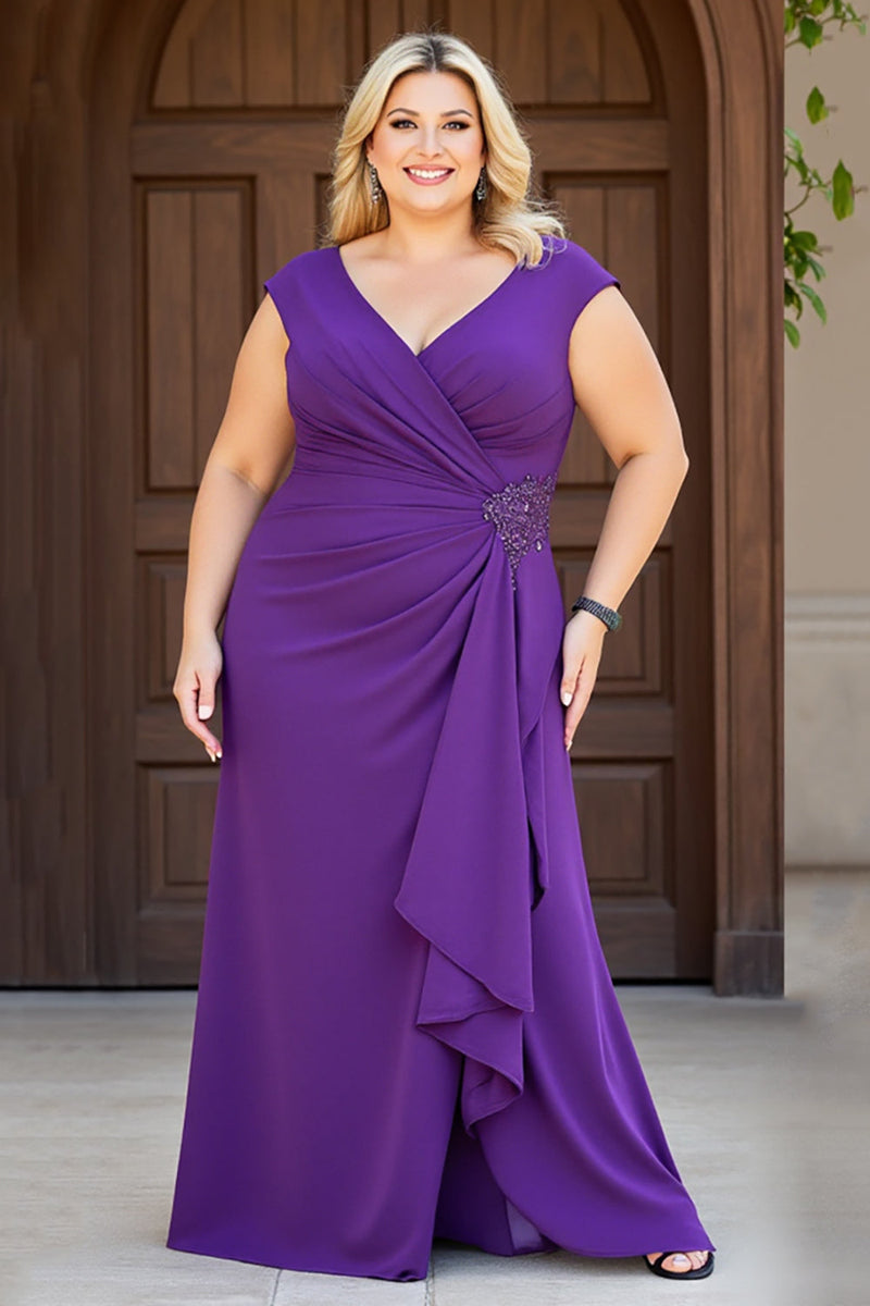 Load image into Gallery viewer, Purple V Neck Plus Size Ruched Mother of the Bride Dress