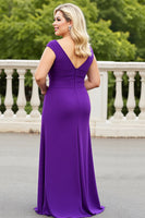 Load image into Gallery viewer, Purple V Neck Plus Size Ruched Mother of the Bride Dress