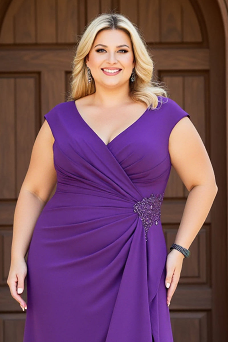 Load image into Gallery viewer, Purple V Neck Plus Size Ruched Mother of the Bride Dress