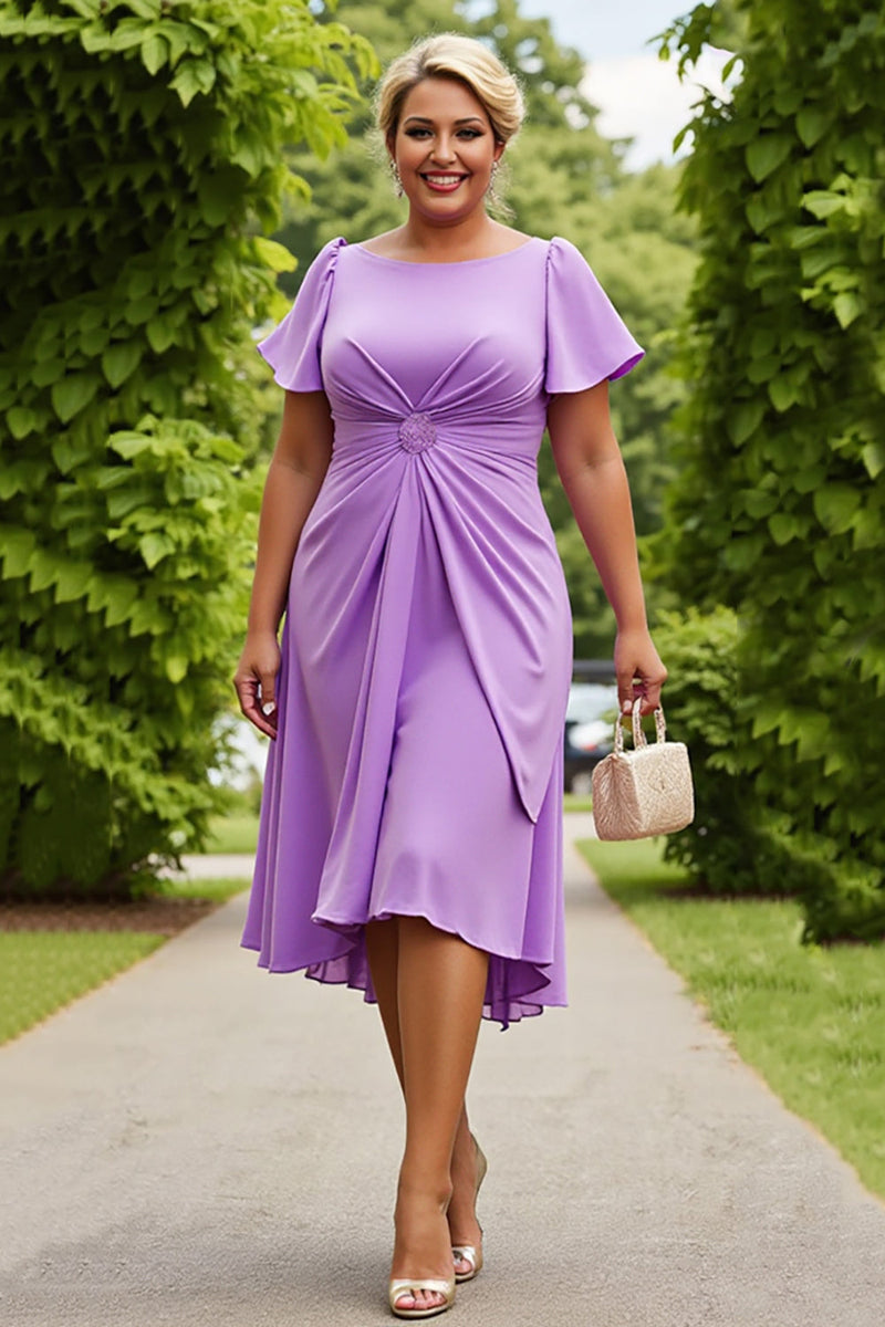 Load image into Gallery viewer, Lilac Plus Size Chiffon A Line Ruched Midi Mother of the Bride Dress with Ruffles