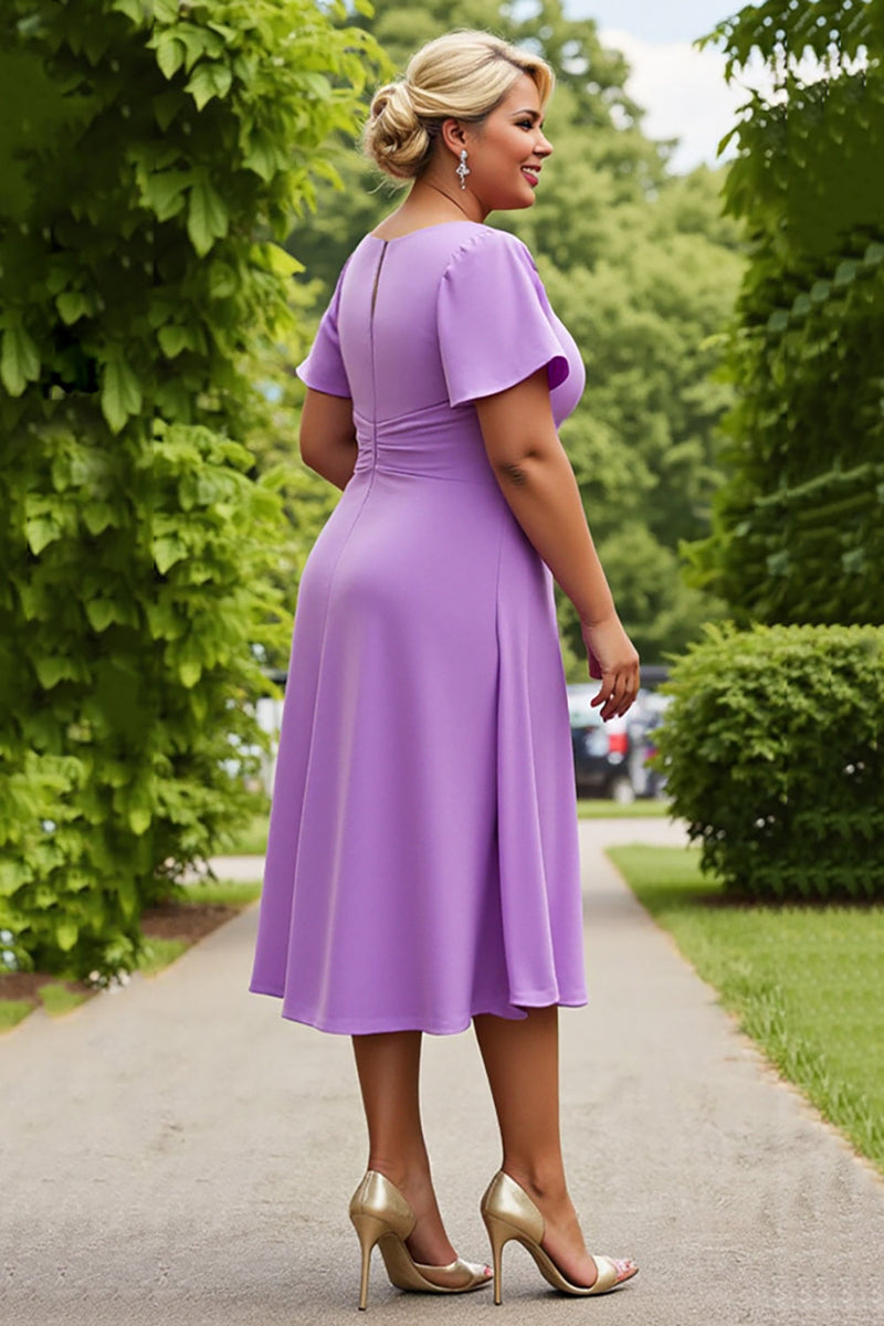 Load image into Gallery viewer, Lilac Plus Size Chiffon A Line Ruched Midi Mother of the Bride Dress with Ruffles