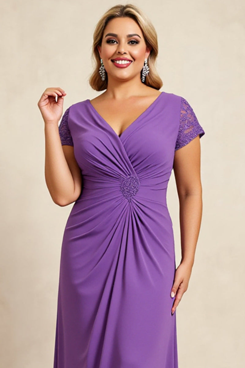 Load image into Gallery viewer, Purple V Neck Ruched Maxi Mother of the Bride Dress