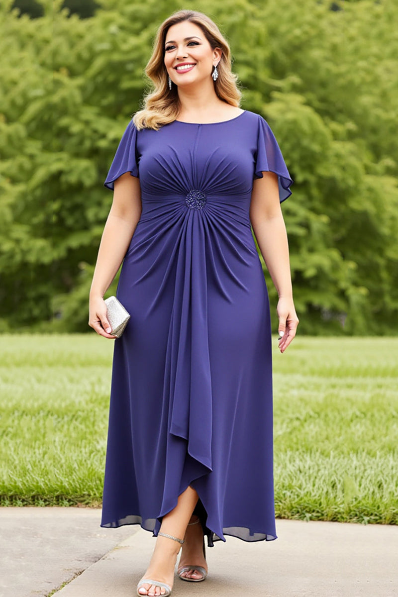 Load image into Gallery viewer, Navy Ruched Chiffon Plus Size Mother of the Bride Dress with Ruffles