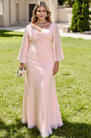 Load image into Gallery viewer, Candy Pink Maxi Sheath Long Sleeves Bridesmaid Dress with Bow