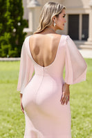 Load image into Gallery viewer, Candy Pink Maxi Sheath Long Sleeves Bridesmaid Dress with Bow