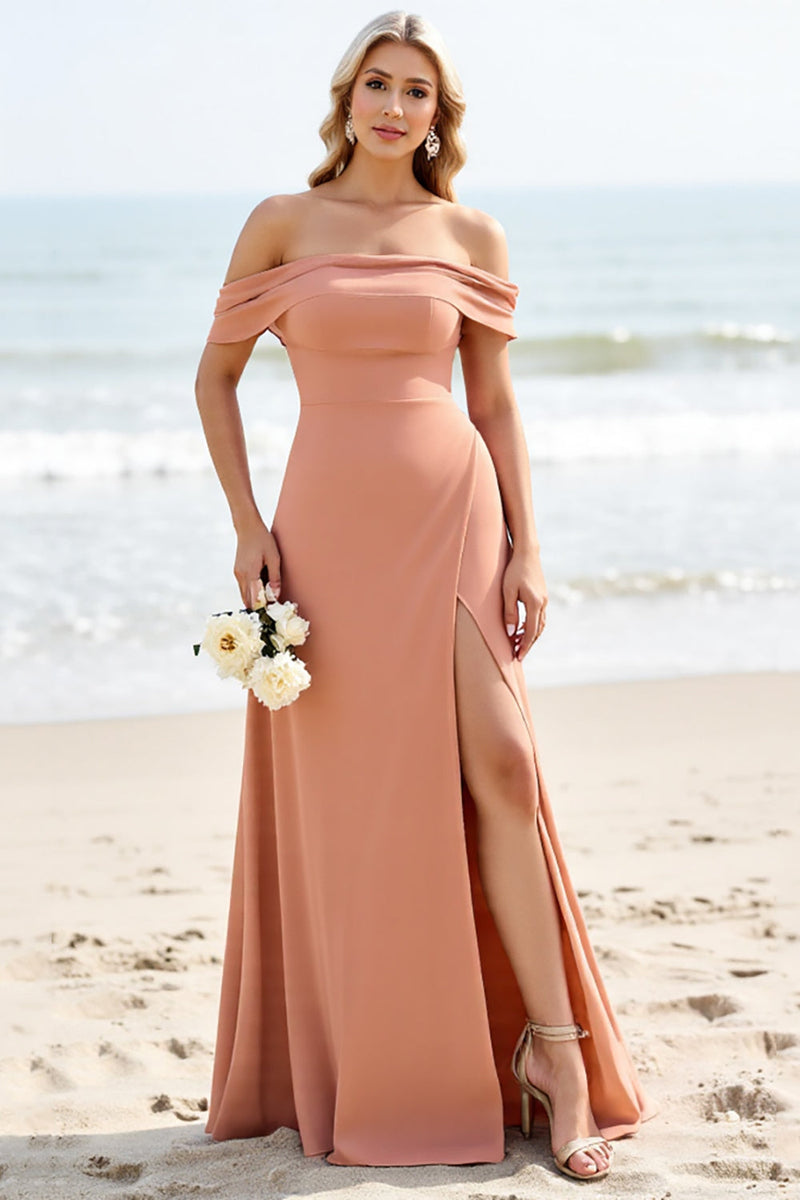 Load image into Gallery viewer, Sunset A Line Off the Shoulder Maxi Bridesmaid Dress with Slit