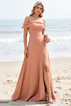 Sunset A Line Off the Shoulder Maxi Bridesmaid Dress with Slit