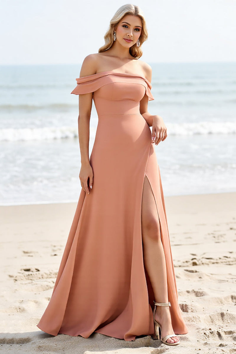 Load image into Gallery viewer, Sunset A Line Off the Shoulder Maxi Bridesmaid Dress with Slit