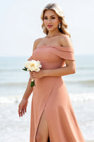 Load image into Gallery viewer, Sunset A Line Off the Shoulder Maxi Bridesmaid Dress with Slit
