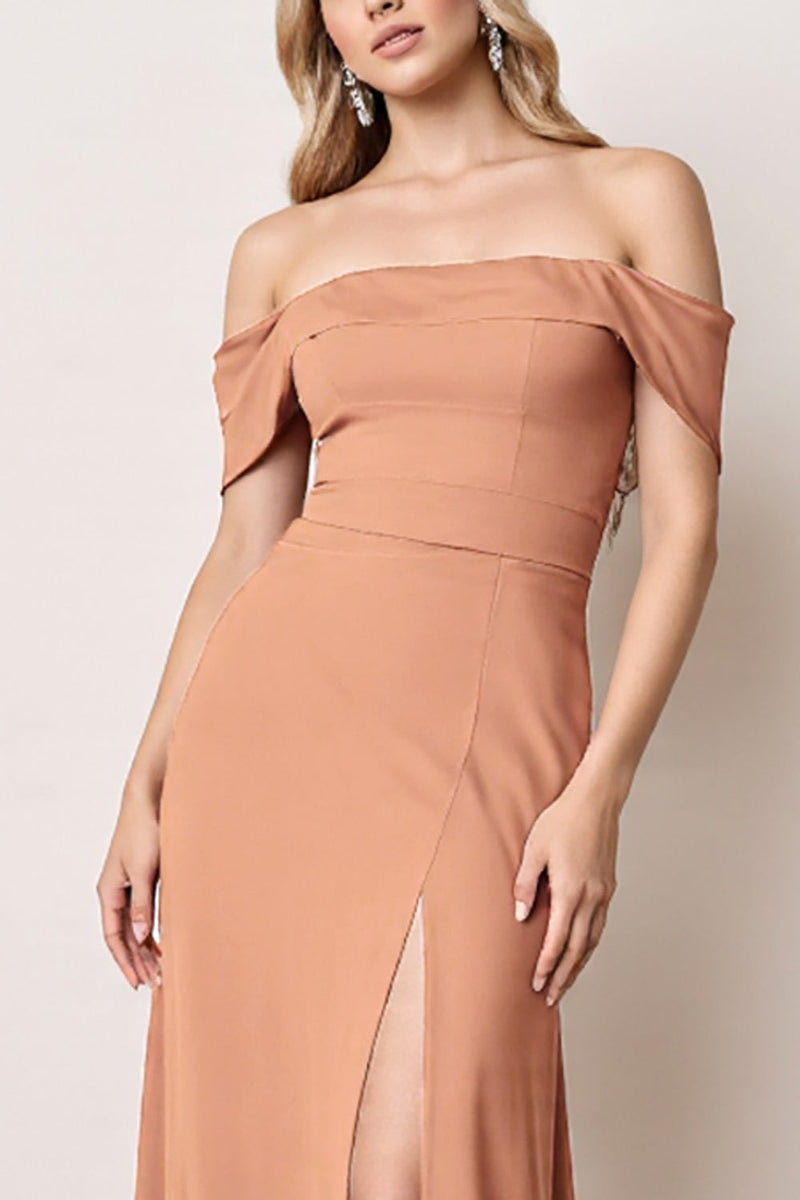 Load image into Gallery viewer, Sunset Off the Shoulder Sheath Maxi Bridesmaid Dress with Slit