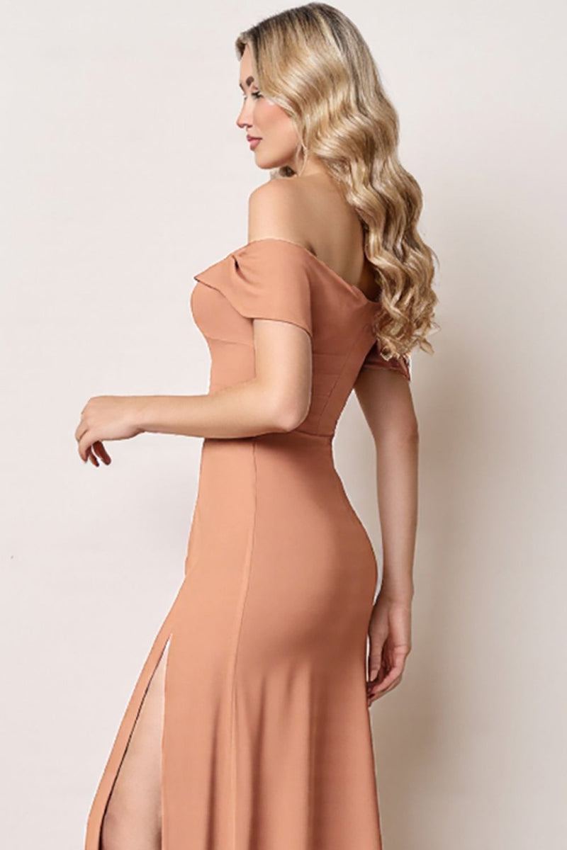 Load image into Gallery viewer, Sunset Off the Shoulder Sheath Maxi Bridesmaid Dress with Slit