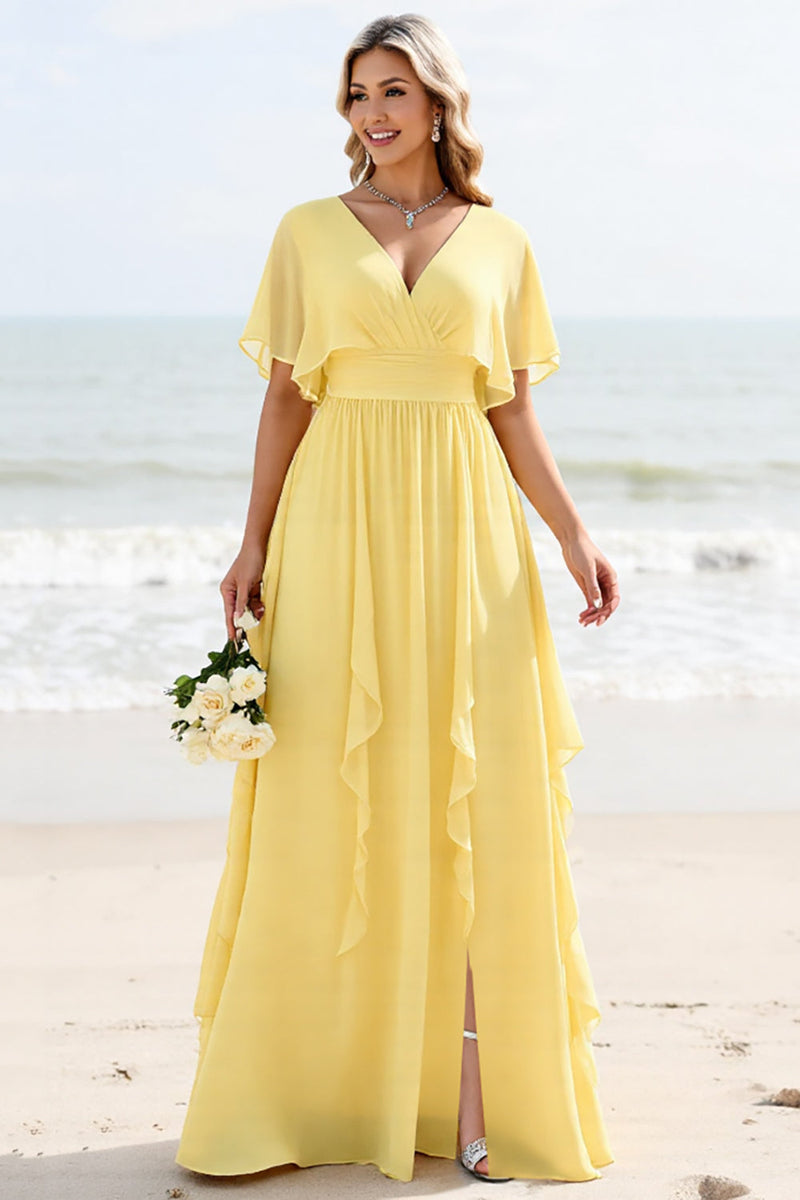 Load image into Gallery viewer, Daffodil Chiffon A Line V Neck Maxi Bridesmaid Dress with Ruffles