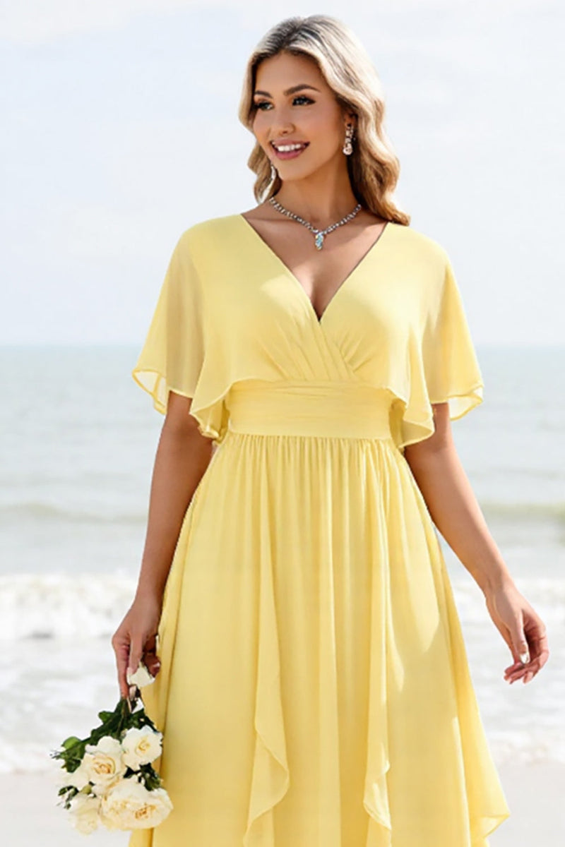 Load image into Gallery viewer, Daffodil Chiffon A Line V Neck Maxi Bridesmaid Dress with Ruffles