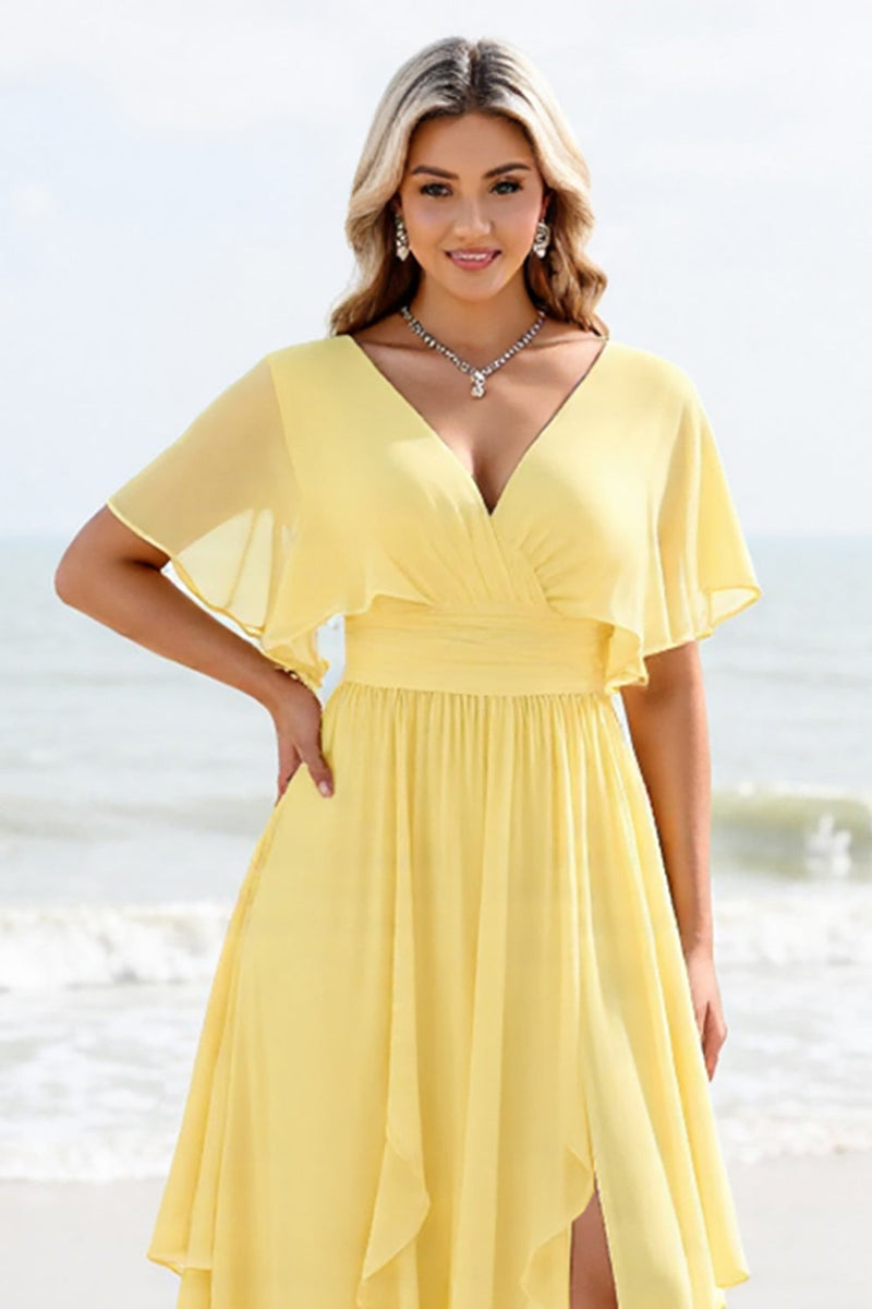 Load image into Gallery viewer, Daffodil Chiffon A Line V Neck Maxi Bridesmaid Dress with Ruffles