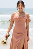 Load image into Gallery viewer, Sunset Sheath Cold Shoulder Maxi Bridesmaid Dress with Slit