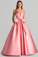 Load image into Gallery viewer, Ball Gown Pink Deep V-Neck Long Prom Dress with Bowknot