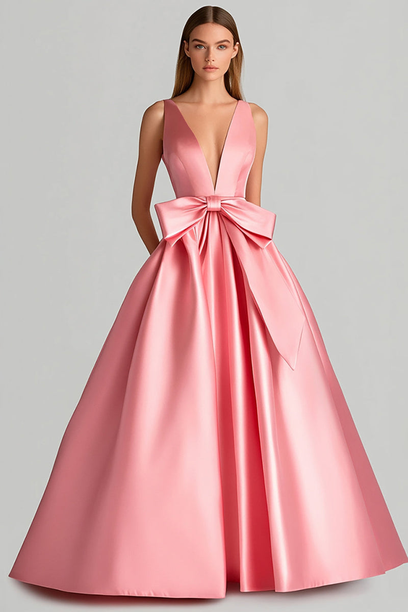 Load image into Gallery viewer, Ball Gown Pink Deep V-Neck Long Prom Dress with Bowknot