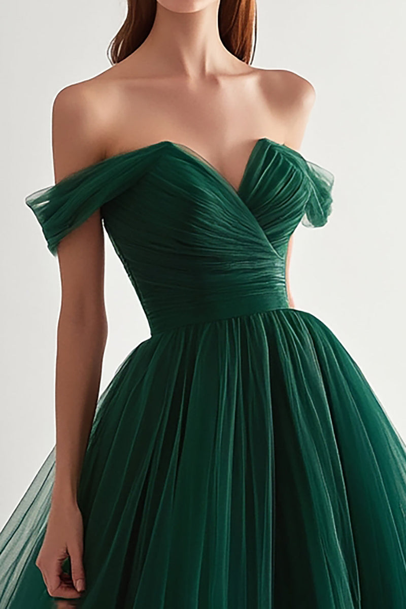 Load image into Gallery viewer, Dark Green Off the Shoulder Ball Gown Long Tulle Prom Dress