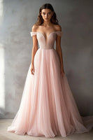 Load image into Gallery viewer, Pink Tulle Off the Shoulder V-Neck Long Prom Dress