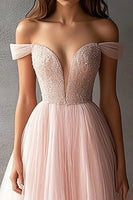 Load image into Gallery viewer, Pink Tulle Off the Shoulder V-Neck Long Prom Dress