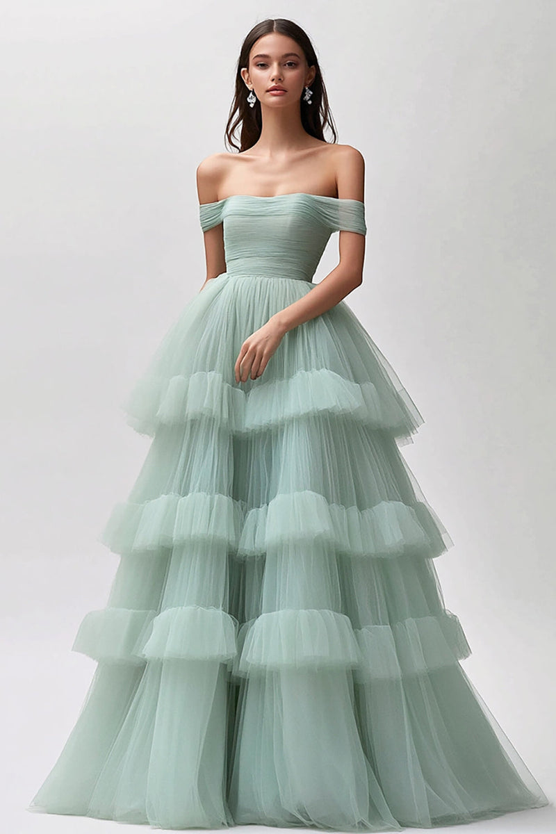 Load image into Gallery viewer, Off the Shoulder Light Green Tulle Tiered Pleated Long Prom Dress