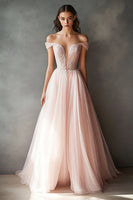 Load image into Gallery viewer, Ball Gown Pink Tulle Off the Shoulder Long Prom Dress