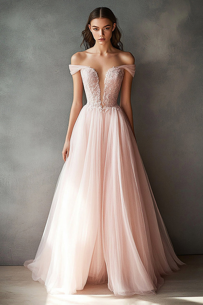Load image into Gallery viewer, Ball Gown Pink Tulle Off the Shoulder Long Prom Dress