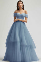 Load image into Gallery viewer, Tulle Grey Blue Tiered Ball Gown Long Prom Dress