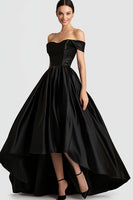 Load image into Gallery viewer, Ball Gown Black Off the Shoulder Satin High-Low Prom Dress