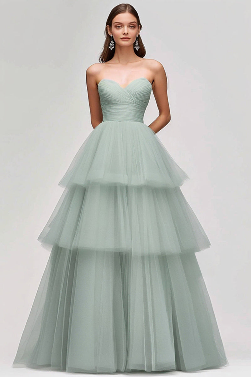 Load image into Gallery viewer, Light Green Tulle Strapless Tiered Long Prom Dress