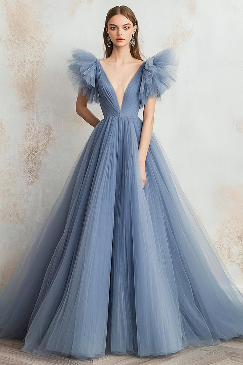 Load image into Gallery viewer, Grey Blue A Line Tulle V-Neck Long Prom Dress with Ruffles