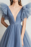 Load image into Gallery viewer, Grey Blue A Line Tulle V-Neck Long Prom Dress with Ruffles