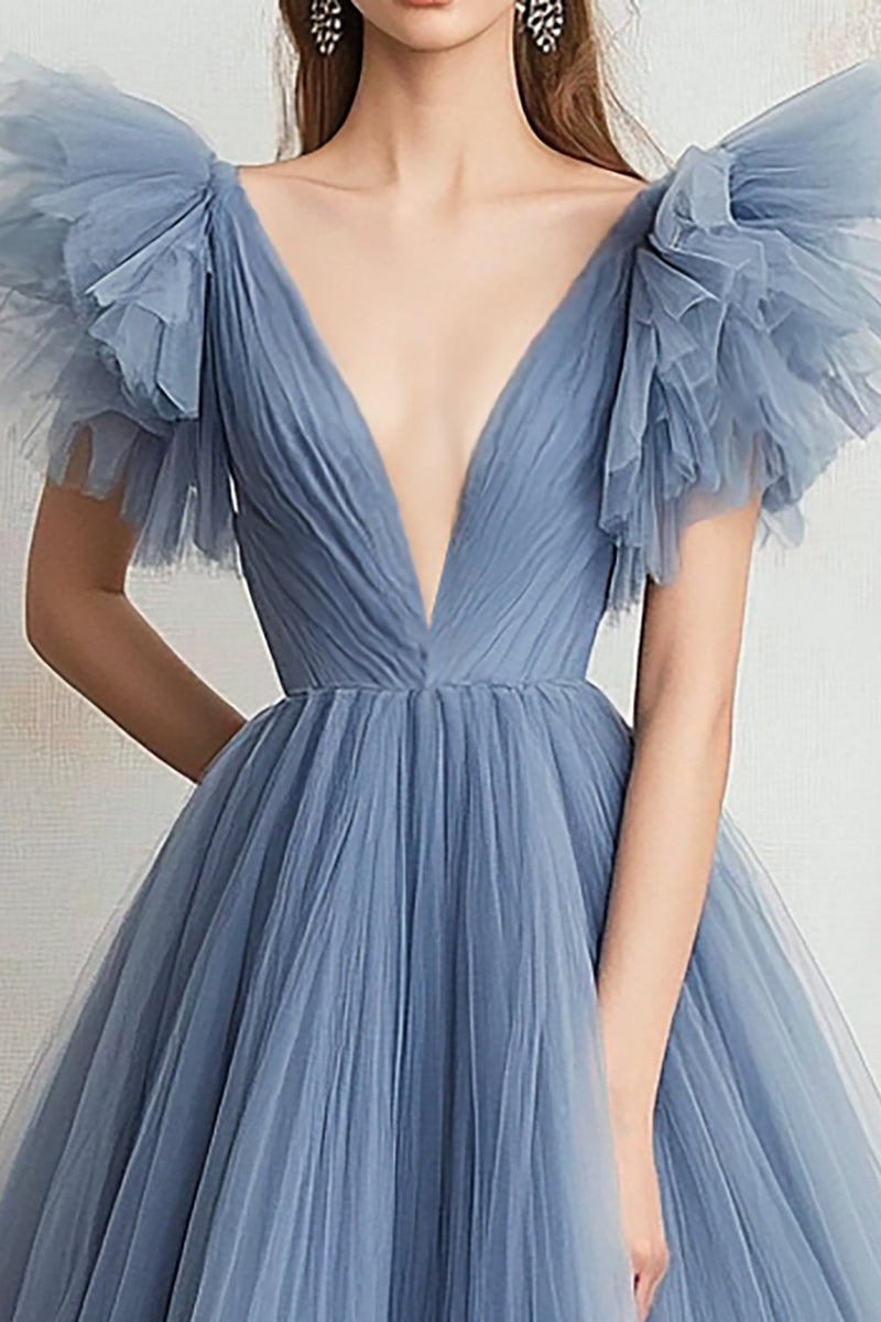 Load image into Gallery viewer, Grey Blue A Line Tulle V-Neck Long Prom Dress with Ruffles