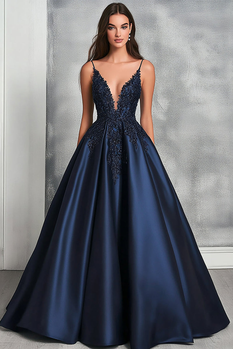 navy blue dress for baby girl Zapaka Women Navy Long Prom Dress with Appliques Spaghetti Straps A Line Sweetheart Satin Formal Dress, Navy / US2