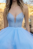 Load image into Gallery viewer, Sky Blue Tulle High-Low Tiered Long Prom Dress with Appliques